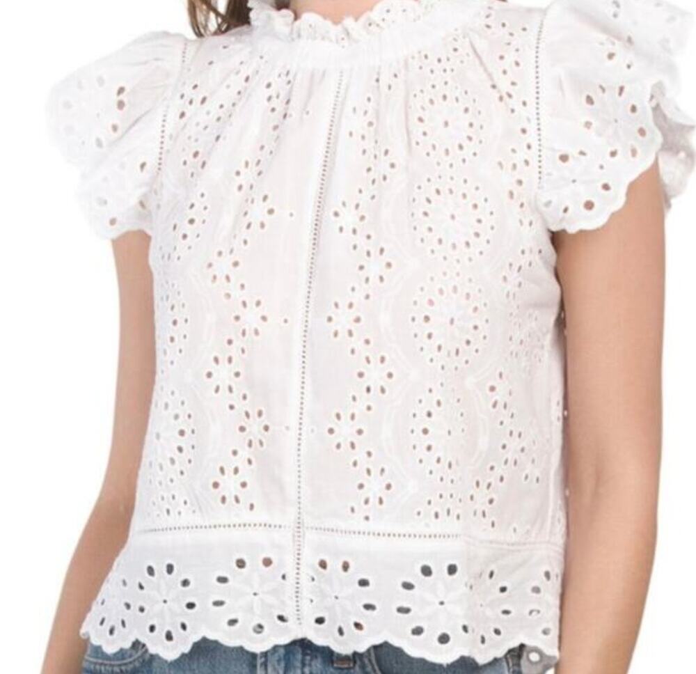 Jennifer&Grace White Ruffle Eyelet Cotton Coquette Boho Crop Blouse XL Romantic